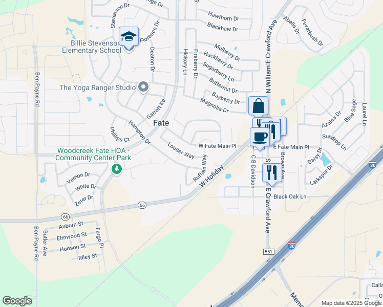 map of restaurants, bars, coffee shops, grocery stores, and more near 582 Louder Way in Rockwall