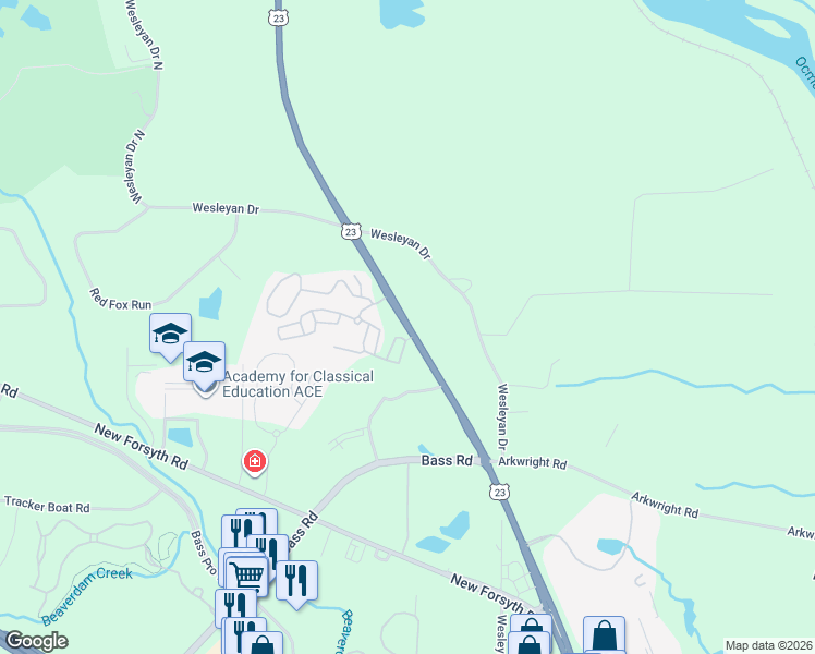 map of restaurants, bars, coffee shops, grocery stores, and more near 5562-5586 Riverside Drive in Macon