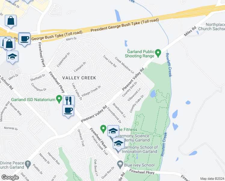 map of restaurants, bars, coffee shops, grocery stores, and more near 2530 Pecan Meadow Drive in Garland