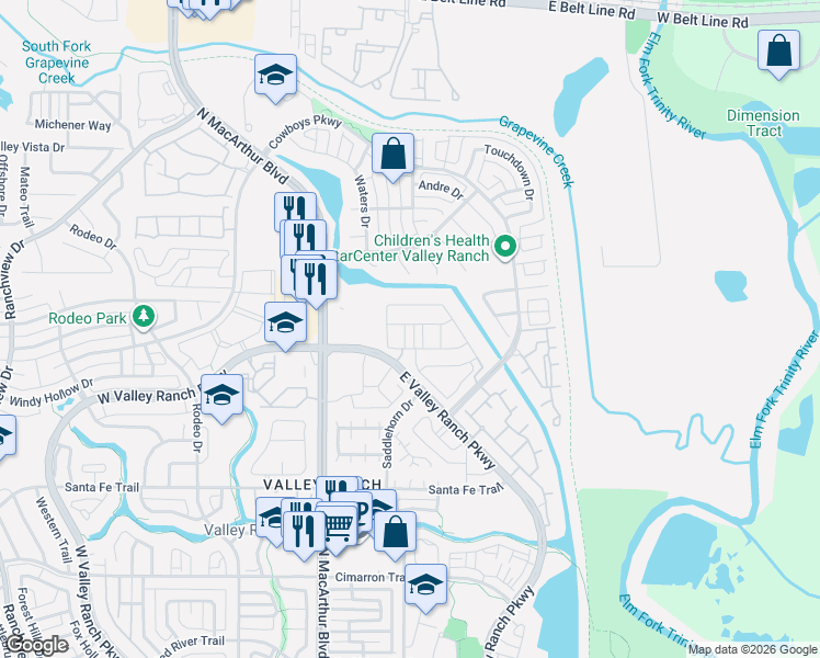 map of restaurants, bars, coffee shops, grocery stores, and more near 9942 Tolbert Street in Irving