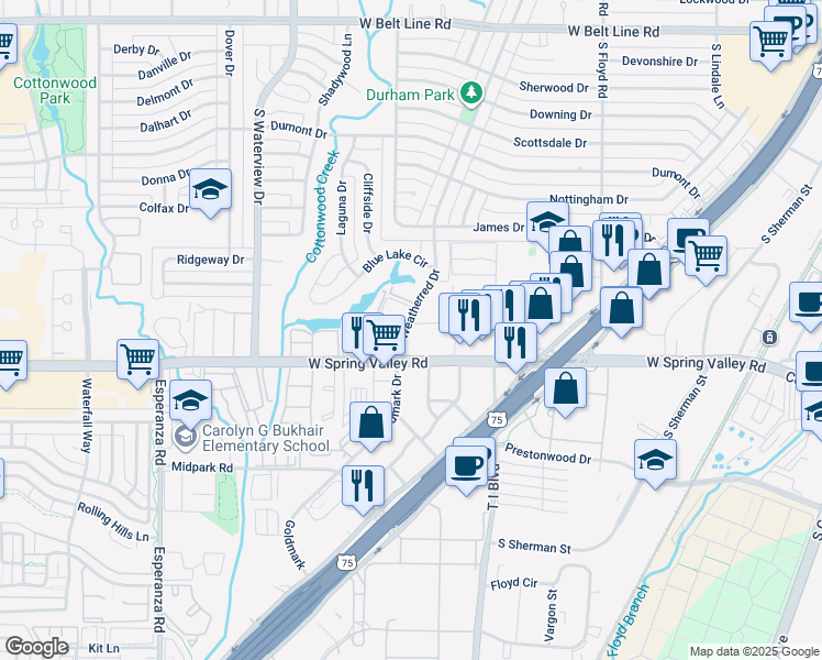 map of restaurants, bars, coffee shops, grocery stores, and more near 916 South Weatherred Drive in Richardson