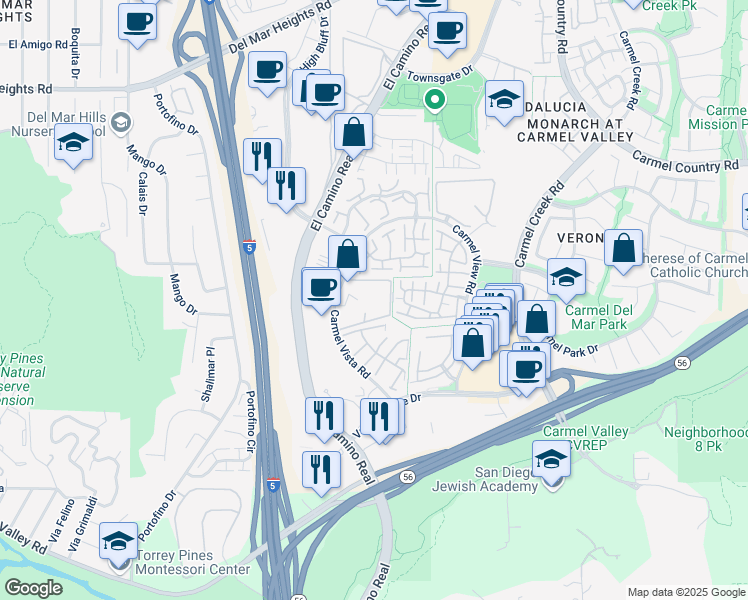 map of restaurants, bars, coffee shops, grocery stores, and more near 12253 Carmel Vista Road in San Diego