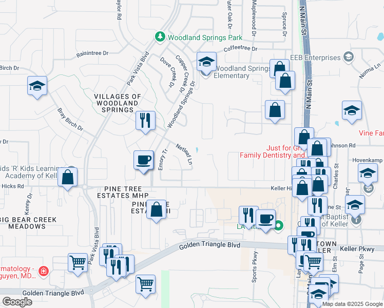 map of restaurants, bars, coffee shops, grocery stores, and more near 11656 Netleaf Lane in Fort Worth