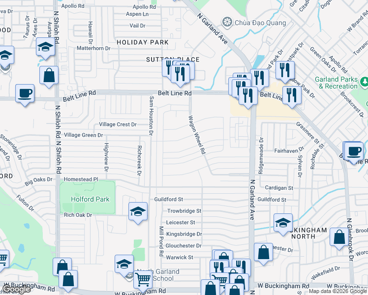 map of restaurants, bars, coffee shops, grocery stores, and more near 1718 Plantation Road in Garland