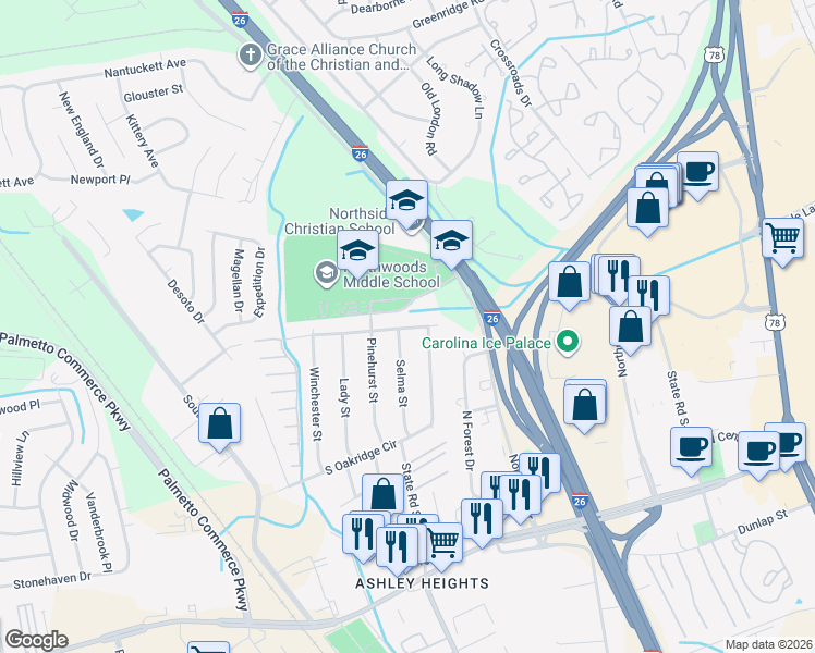 map of restaurants, bars, coffee shops, grocery stores, and more near 2614 North Oakridge Circle in North Charleston