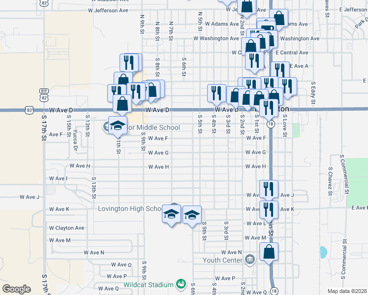 map of restaurants, bars, coffee shops, grocery stores, and more near 523 West Avenue F in Lovington