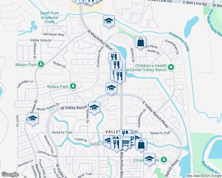 map of restaurants, bars, coffee shops, grocery stores, and more near 9867 Valley Ranch Parkway West in Irving