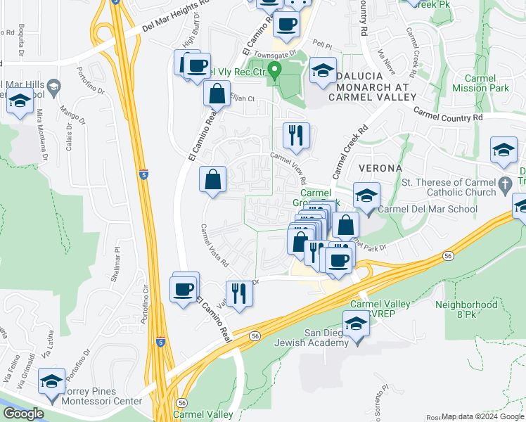 map of restaurants, bars, coffee shops, grocery stores, and more near 3691 Caminito Cielo Del Mar in San Diego