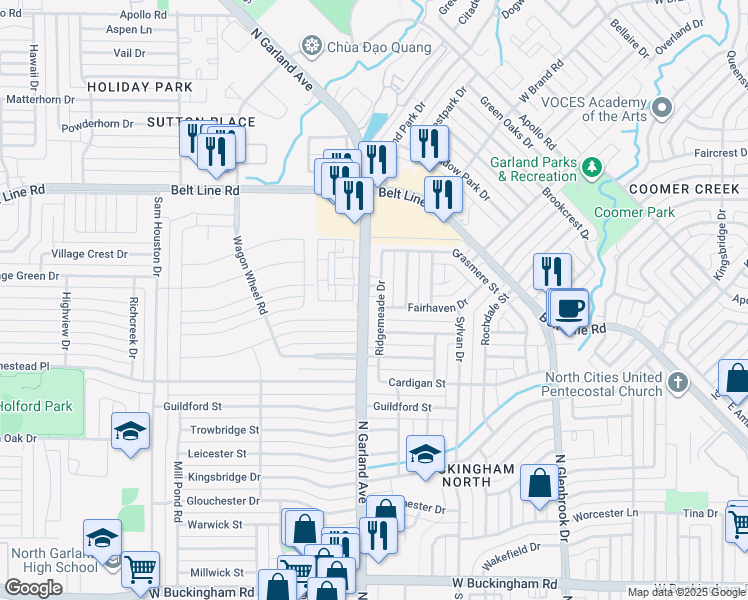 map of restaurants, bars, coffee shops, grocery stores, and more near 2621 Ridgemeade Drive in Garland