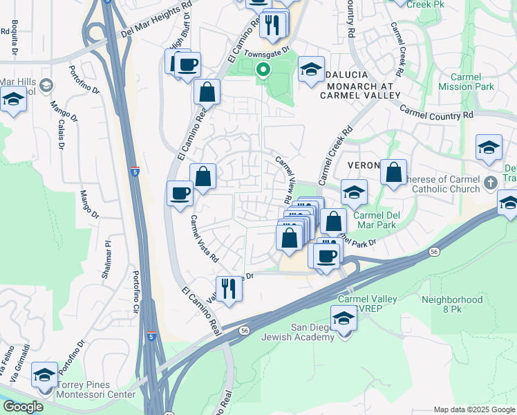 map of restaurants, bars, coffee shops, grocery stores, and more near 3691 Caminito Cielo Del Mar in San Diego