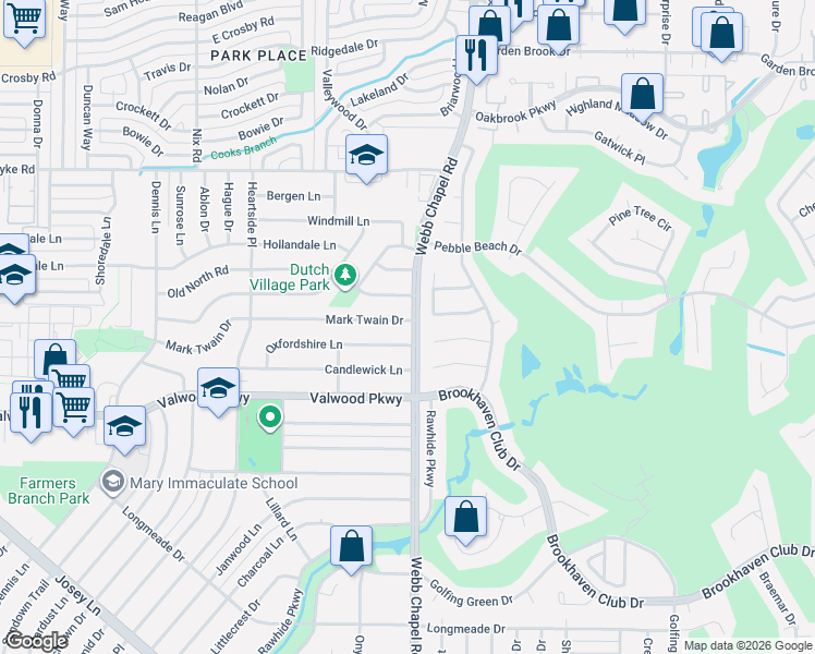 map of restaurants, bars, coffee shops, grocery stores, and more near 3072 Mark Twain Drive in Farmers Branch