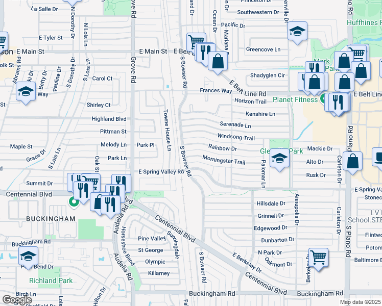 map of restaurants, bars, coffee shops, grocery stores, and more near 810 Rainbow Drive in Richardson