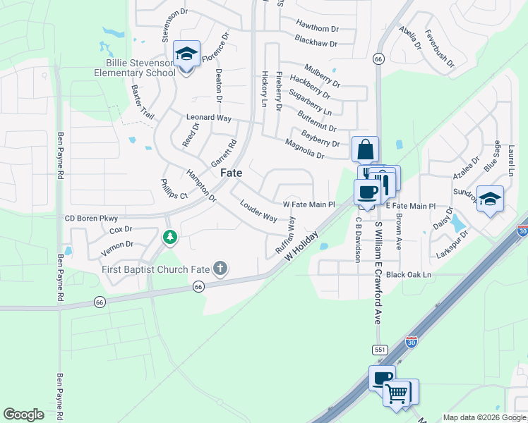map of restaurants, bars, coffee shops, grocery stores, and more near 591 West Fate Main Place in Rockwall