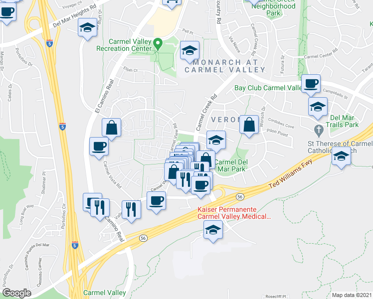 map of restaurants, bars, coffee shops, grocery stores, and more near 3915 Del Mar Glen in San Diego