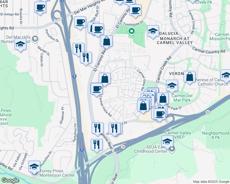 map of restaurants, bars, coffee shops, grocery stores, and more near 12269 Carmel Vista Road in San Diego