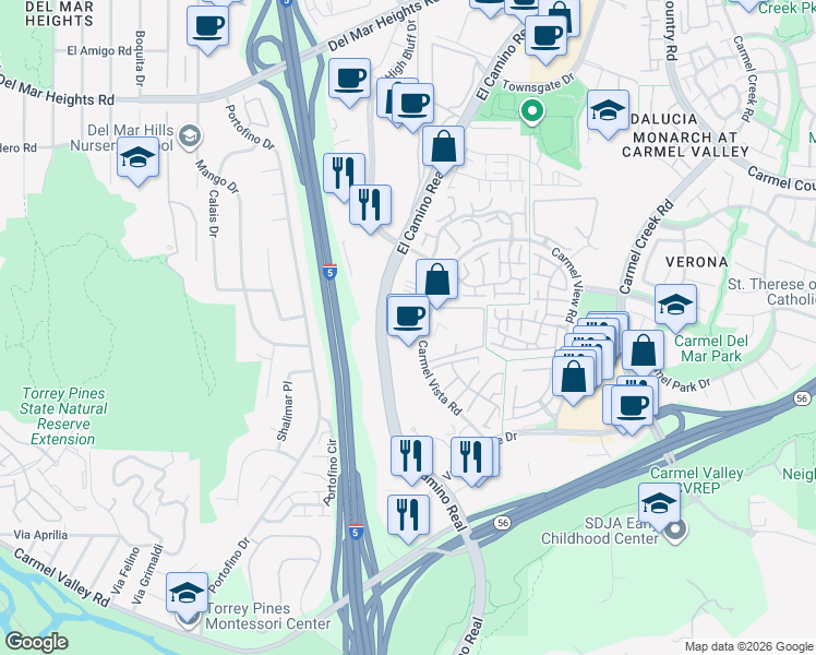 map of restaurants, bars, coffee shops, grocery stores, and more near 12291 Carmel Vista Road in San Diego