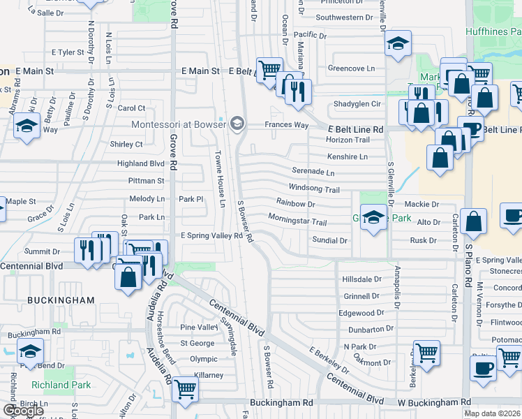 map of restaurants, bars, coffee shops, grocery stores, and more near 810 Rainbow Drive in Richardson
