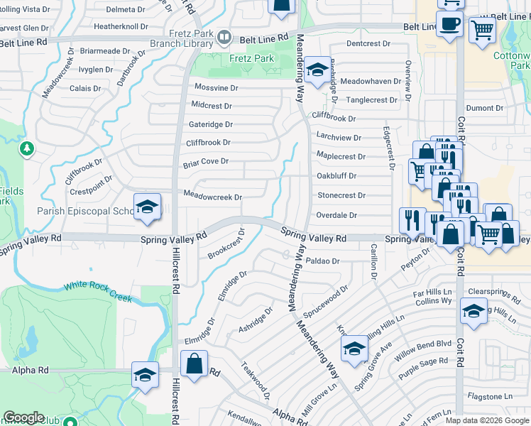 map of restaurants, bars, coffee shops, grocery stores, and more near 14127 Valley Creek Drive in Dallas