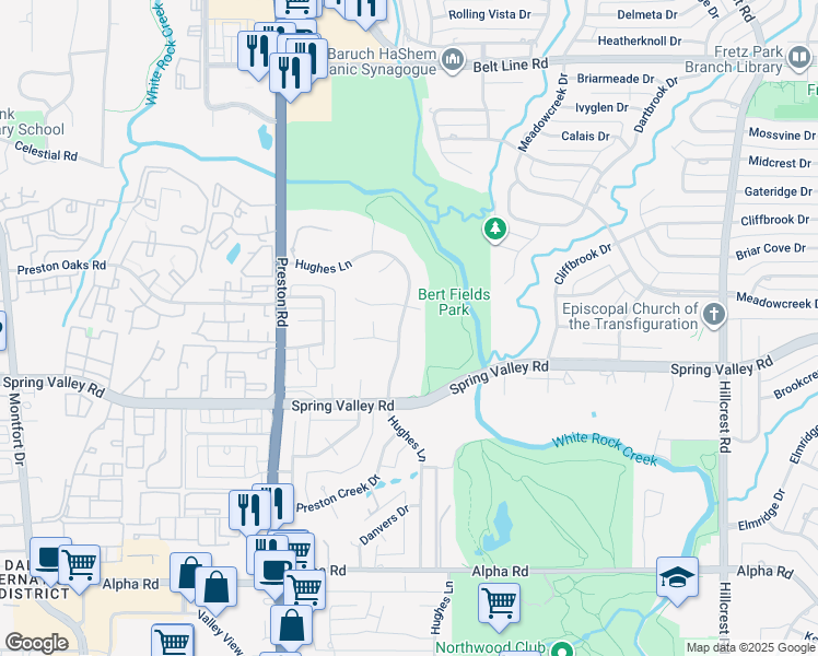 map of restaurants, bars, coffee shops, grocery stores, and more near 14108 Hughes Lane in Dallas