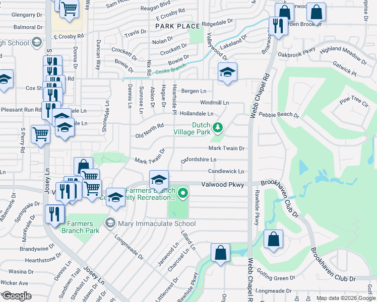 map of restaurants, bars, coffee shops, grocery stores, and more near 2909 Mark Twain Drive in Farmers Branch