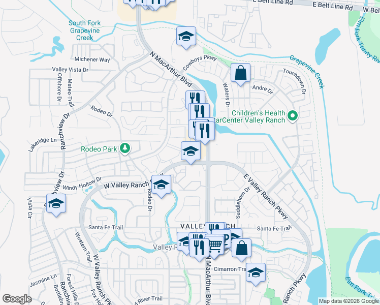 map of restaurants, bars, coffee shops, grocery stores, and more near 9867 Valley Ranch Parkway West in Irving