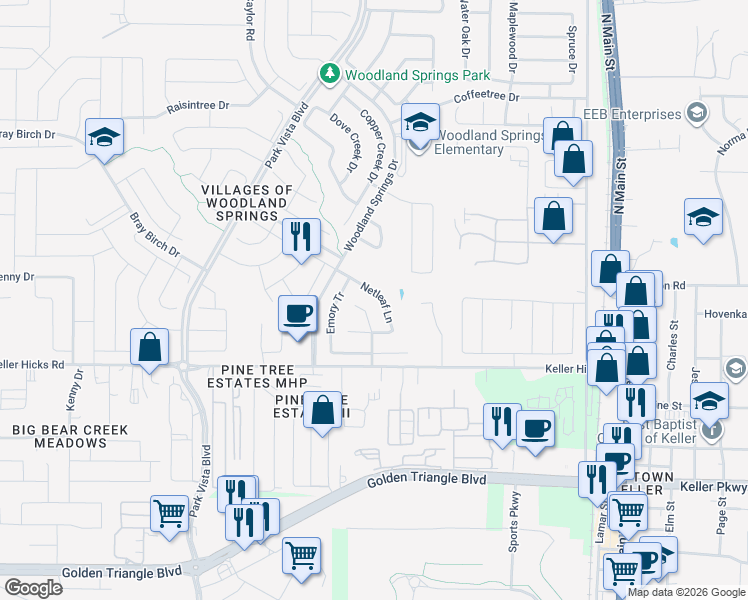map of restaurants, bars, coffee shops, grocery stores, and more near 11709 Netleaf Lane in Fort Worth