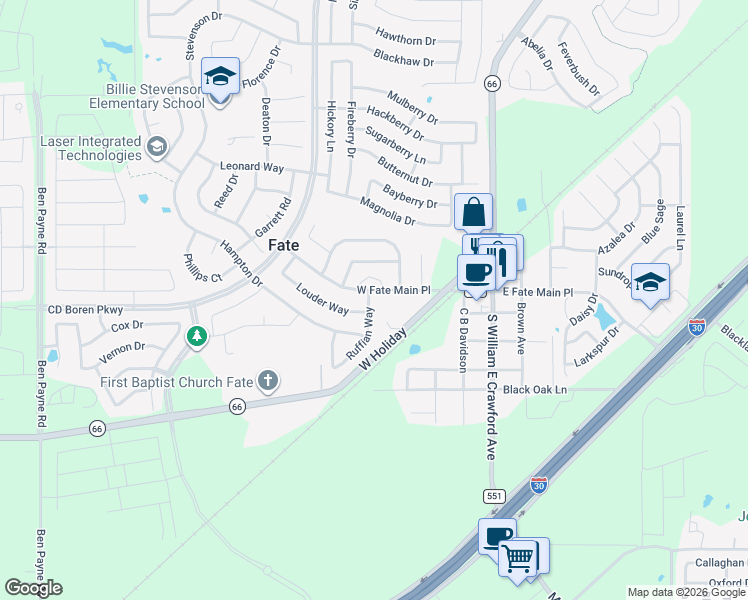 map of restaurants, bars, coffee shops, grocery stores, and more near 575 West Fate Main Place in Rockwall