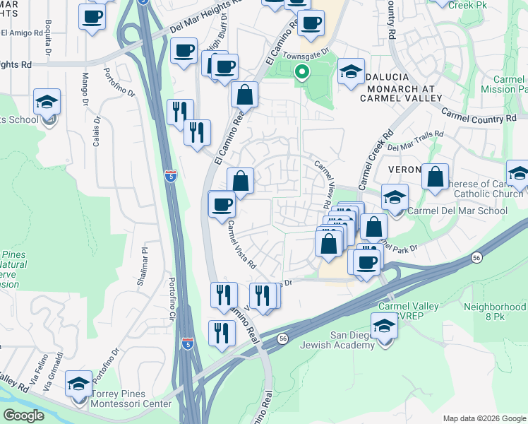 map of restaurants, bars, coffee shops, grocery stores, and more near 12261 Carmel Vista Road in San Diego