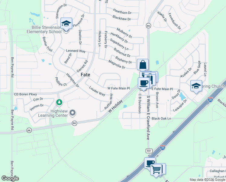 map of restaurants, bars, coffee shops, grocery stores, and more near 766 Ruffian Way in Rockwall