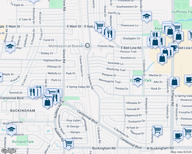 map of restaurants, bars, coffee shops, grocery stores, and more near 810 Rainbow Drive in Richardson