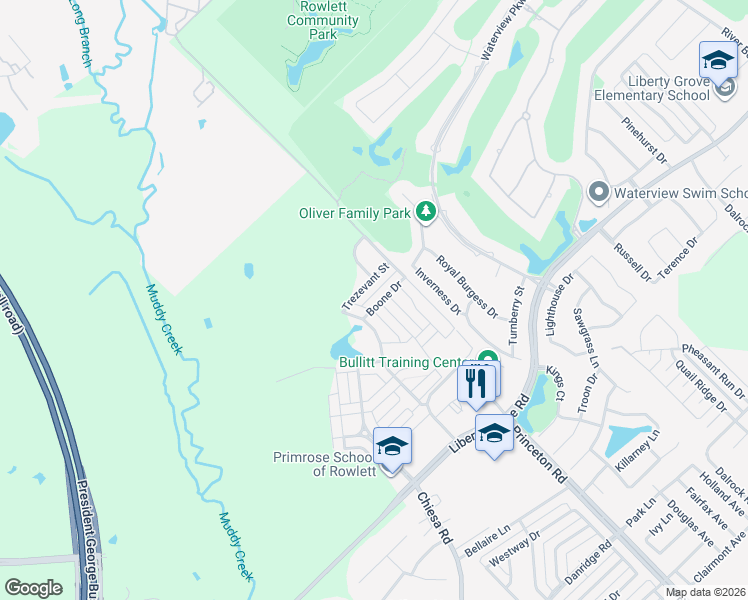 map of restaurants, bars, coffee shops, grocery stores, and more near 6409 Boone Drive in Rowlett
