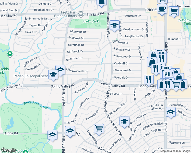 map of restaurants, bars, coffee shops, grocery stores, and more near 14127 Valley Creek Drive in Dallas