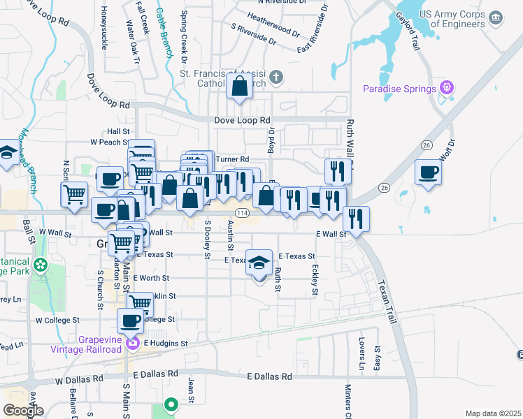map of restaurants, bars, coffee shops, grocery stores, and more near 751 East Northwest Highway in Grapevine