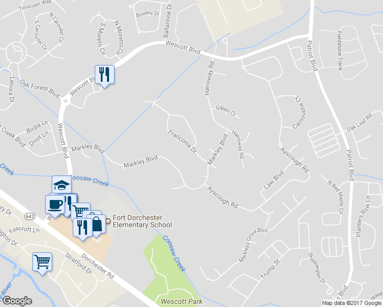 map of restaurants, bars, coffee shops, grocery stores, and more near 4929 Franconia Drive in Summerville