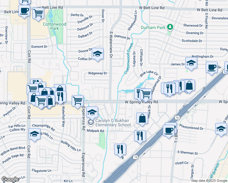 map of restaurants, bars, coffee shops, grocery stores, and more near 1201 Plaza Way in Richardson