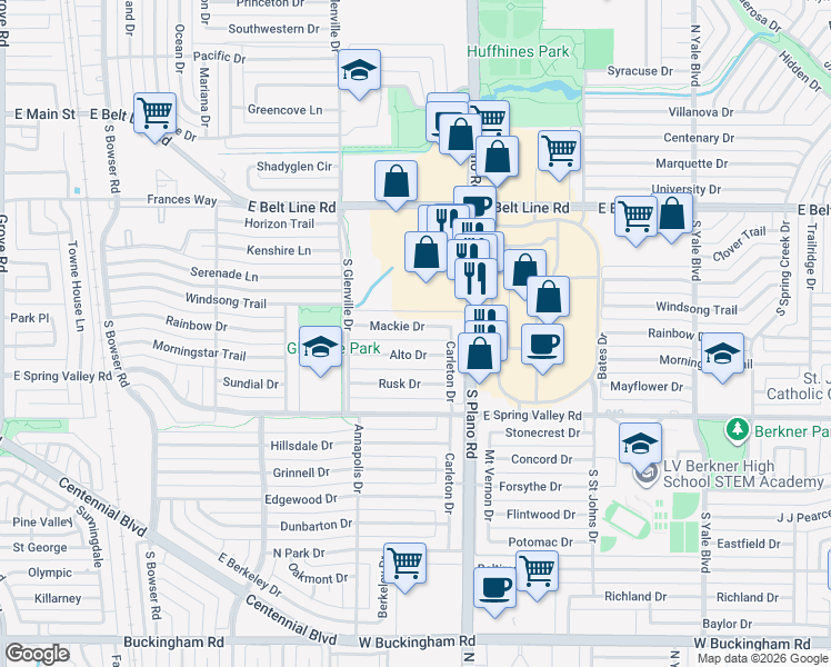 map of restaurants, bars, coffee shops, grocery stores, and more near 1320 Mackie Drive in Richardson