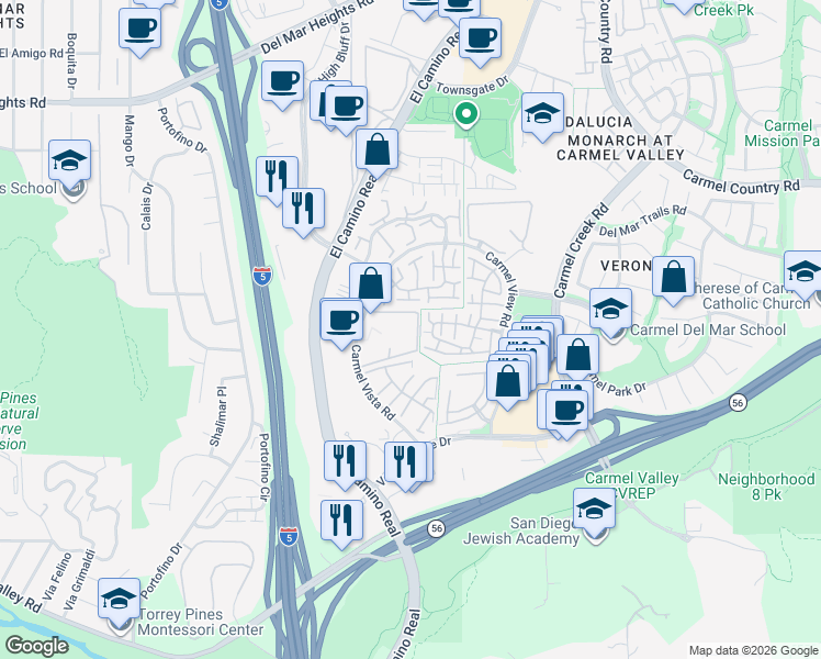 map of restaurants, bars, coffee shops, grocery stores, and more near 12261 Carmel Vista Road in San Diego