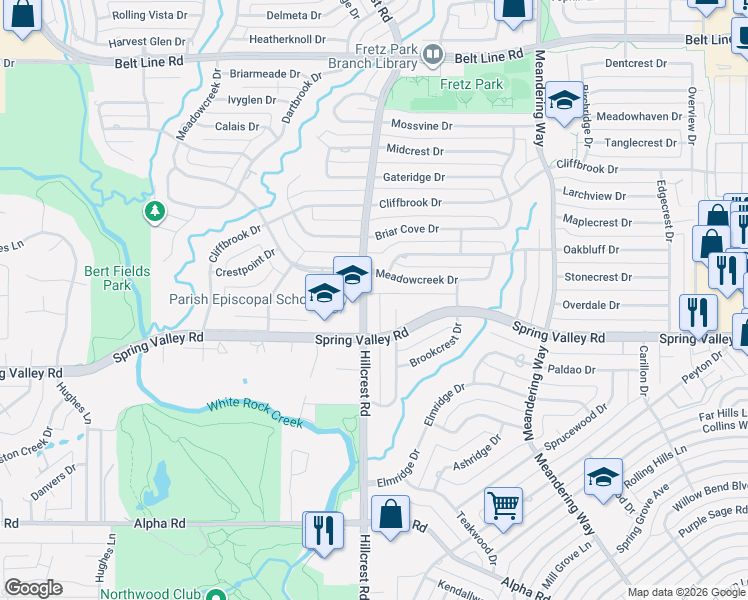 map of restaurants, bars, coffee shops, grocery stores, and more near 14140 Hillcrest Road in Dallas