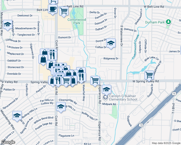 map of restaurants, bars, coffee shops, grocery stores, and more near 901 Waterfall Way in Richardson