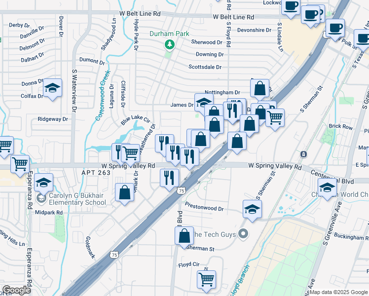 map of restaurants, bars, coffee shops, grocery stores, and more near 902 Saint Paul Drive in Richardson