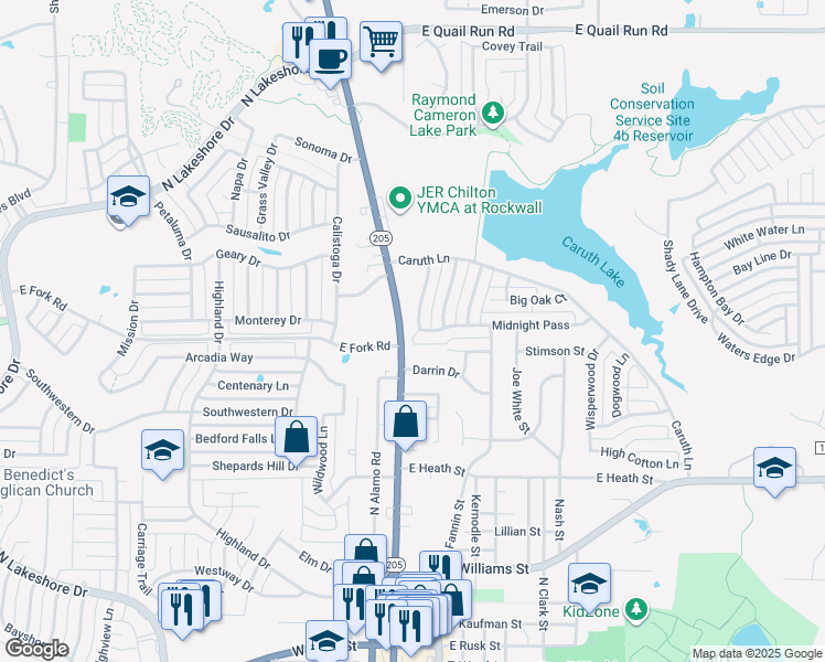 map of restaurants, bars, coffee shops, grocery stores, and more near 1079 Midnight Pass in Rockwall
