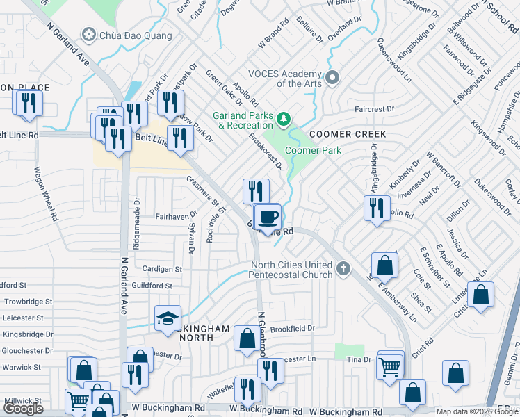 map of restaurants, bars, coffee shops, grocery stores, and more near 915 Belt Line Road in Garland