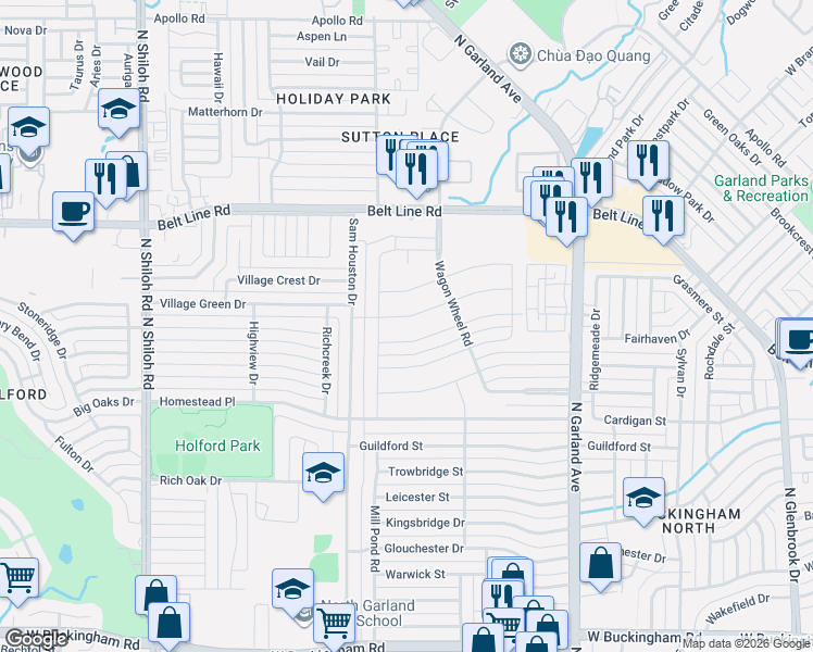 map of restaurants, bars, coffee shops, grocery stores, and more near 1822 Plantation Road in Garland