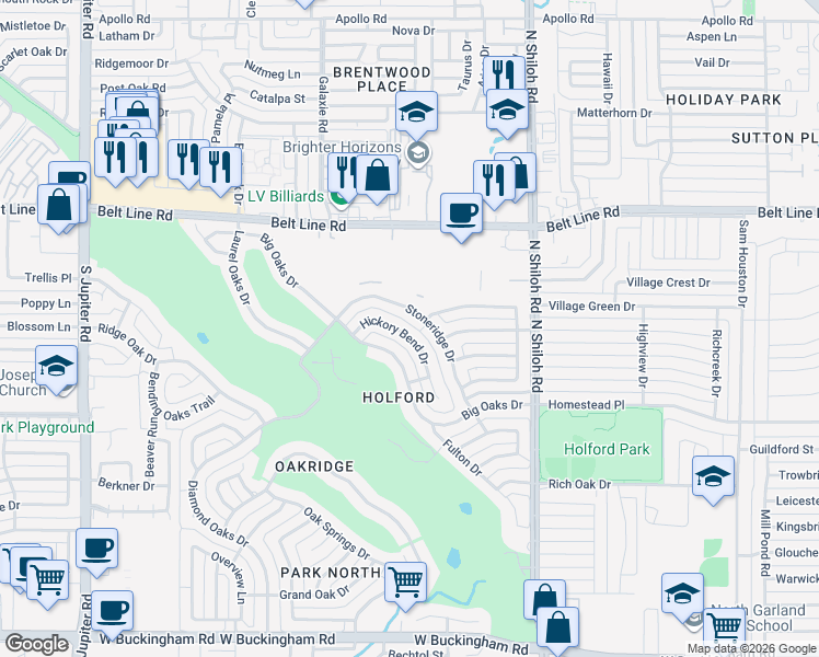 map of restaurants, bars, coffee shops, grocery stores, and more near 2805 Hickory Bend Drive in Garland