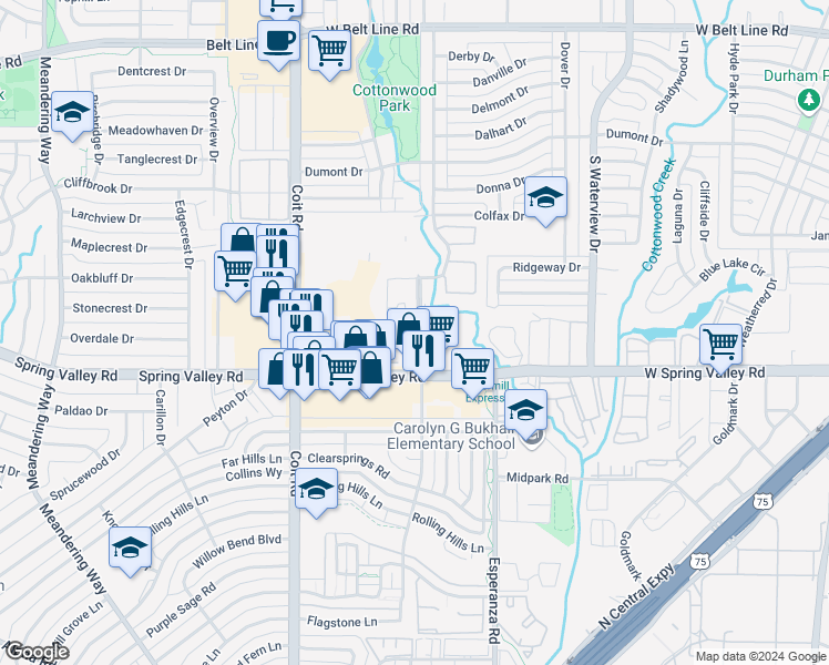 map of restaurants, bars, coffee shops, grocery stores, and more near 936 Allegheny Place in Richardson
