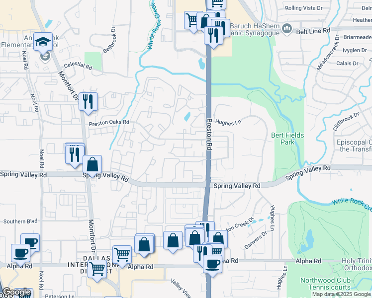 map of restaurants, bars, coffee shops, grocery stores, and more near 5902 Preston Oaks Road in Dallas