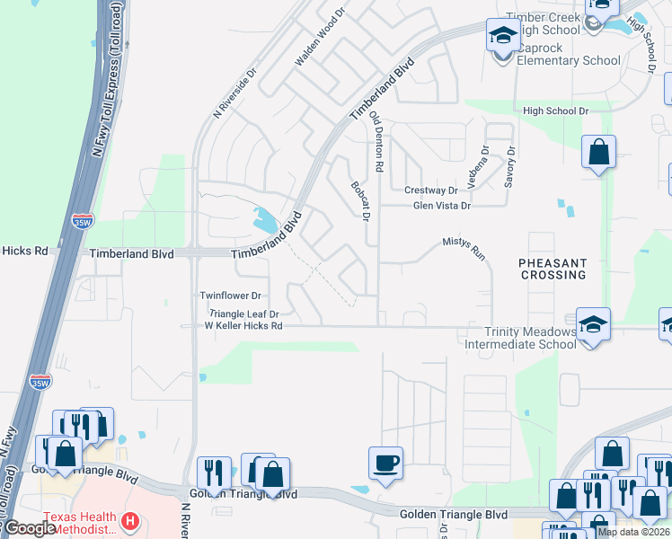 map of restaurants, bars, coffee shops, grocery stores, and more near 11629 Compton Trail in Fort Worth