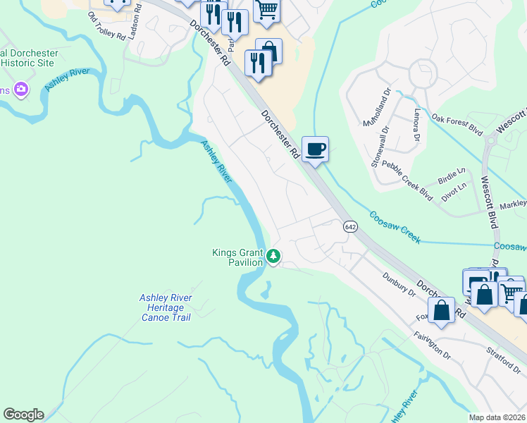 map of restaurants, bars, coffee shops, grocery stores, and more near 320 Shaftesbury Lane in Summerville