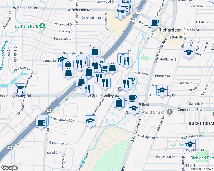 map of restaurants, bars, coffee shops, grocery stores, and more near 801 S Sherman St in Richardson