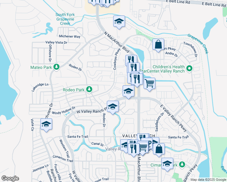 map of restaurants, bars, coffee shops, grocery stores, and more near 9839 Valley Ranch Parkway West in Irving